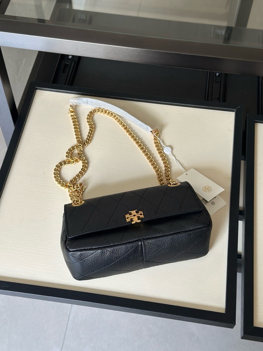 Black Quilted Leather Crossbody Bag with Gold Chain